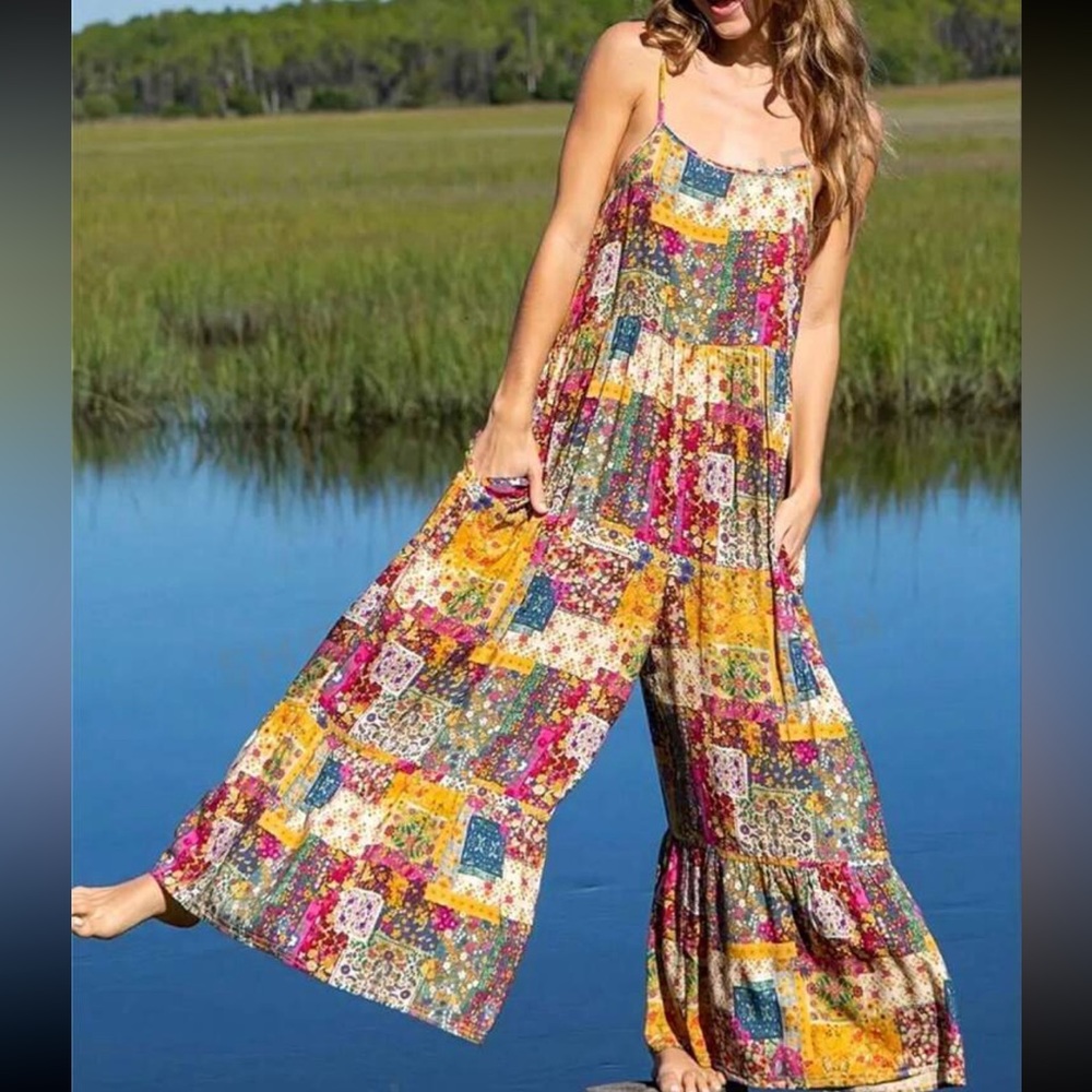 Boho Patchwork Print Wide Leg Jumpsuit - Picture 3 of 3